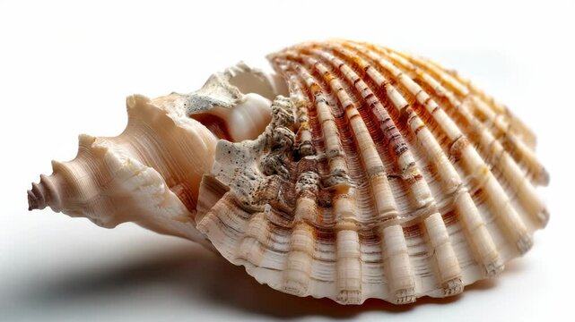 Detailed close up of a textured sea shell with intricate patterns and ridges on a white background casting a faint shadow adding depth and dimension