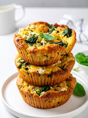 Stack of homemade spinach and feta muffins on a white plate, showcasing a healthy baked breakfast...