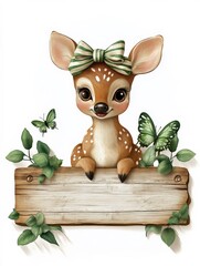 A 3D vintage wooden carved wall shelf, front view, spring season, a wooden sign perched with a brown cute baby fawn, it has big eyes, a green and white striped bow on its head, there are green