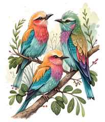 A colorfull cute bird's perched on branch flat print art.