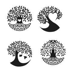 Obraz premium Vector set illustration of trees with branch, leaves, hearts and birds. Tree silhouette on white background. Wall sticker decoration.