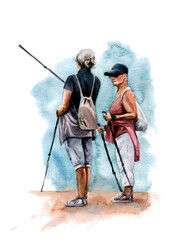 Nordic walking, seashore, women. watercolor illustration