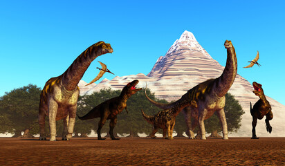 Tyrannotitan Attacks Argentinosaurus Herd - Two Tyrannotitan theropod dinosaurs attack Argentinosaurus sauropods trying to keep there offspring safe. © Catmando