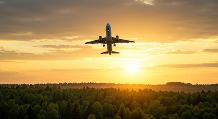 Naklejka premium Airplane Sunset Flight - Airplane descending during a vibrant sunset over a vast forest. Peaceful travel and journey concept