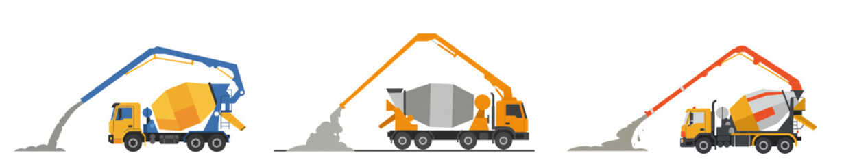 Fototapeta premium Diverse cement mixer trucks with extended booms pouring fresh concrete solutions