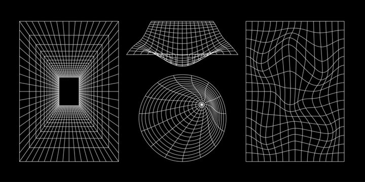 Set of abstract 3D wireframe grid shapes on black background, geometric optical illusion designs with tunnel, sphere, and wavy surface for digital art, science, or tech visuals