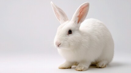 Obraz premium Cute white rabbit sitting on a light background, pet, animal