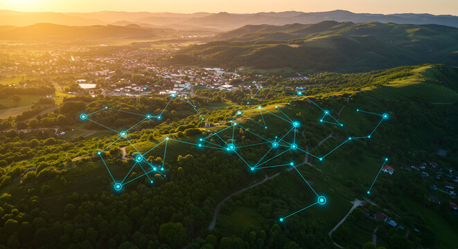 Golden Hour Aerial View of Green Hills with Digital Network Overlaying Lush Greenery and Distant Cityscape at Sunset