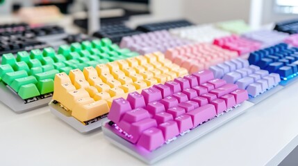 Obraz premium Colorful Keyboards Pastel Shades Vibrant Close-up High-Resolution Flat Lay Display Diverse Colors Customizable Gaming Setup Bright Studio Background Ideal for Tech Marketing