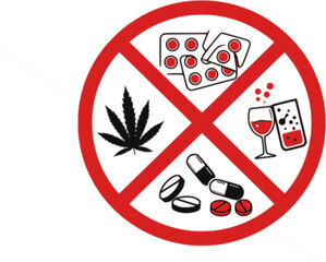 Sign forbidden drugs in red crossed out circle on white background. No smoking, no drugs, no vaping and no alcohol. Isolated vector illustration.
