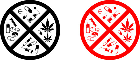 No drugs allowed. Drugs, marijuana leaf with forbidden sign - no drug. Drugs icon in prohibition red circle. Anti drugs. Just say no. Isolated vector illustration on white background.