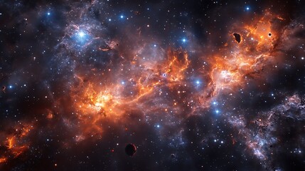 Fototapeta premium Beautiful cosmic landscape with colorful galaxy, planets, and nebula in space image