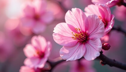 Fototapeta premium Full bloom sakura, overlapping petals, vibrant pink hues, spring flowers, pretty