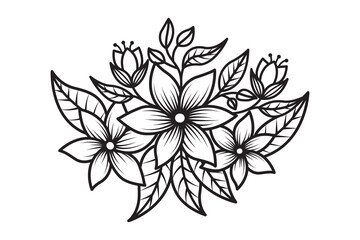 Black and white hand-drawn illustration featuring intricate floral details with flowers, leaves, and organic patterns, perfect for coloring books, graphic design elements, or decorative art purposes.