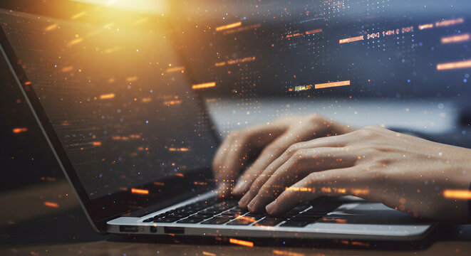 Hands Typing on Laptop Keyboard with Orange Digital Particles Overlayed for Coding and Data Processing in Illuminated Setting