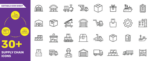 Editable Supply Chain Icons Set - Logistics, Warehouse, Shipping, and Transportation Vector Icons
