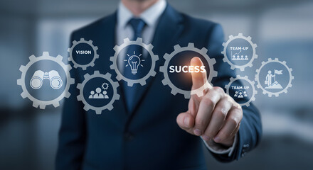 Man in Blue Suit Interacting with Virtual Gear Mechanism Displaying Business Success Icons and Strategies