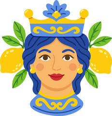 Colorful female ceramic head with crown, blue hair and lemons in traditional Sicilian folk art style