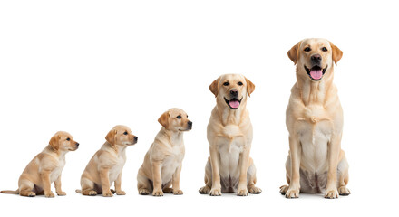 Progression of Golden Retriever Puppies From Newborn to Adult Sitting in a Row on White Background