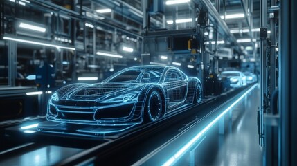 Obraz premium Futuristic car assembly line; wireframe vehicle on conveyor belt in modern factory.