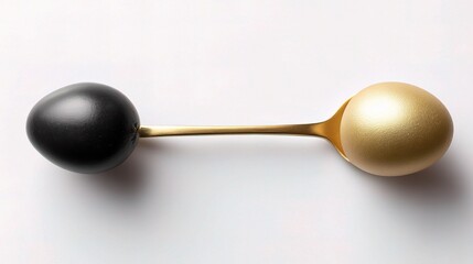 Black Egg and Gold Egg on Spoon Showing Contrast and Elegance