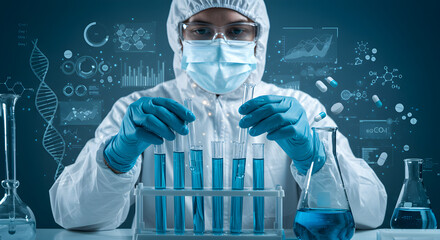 Scientist in Protective Gear Examining Blue Liquid in Test Tubes with Futuristic Data Visualizations in Dark Blue Background