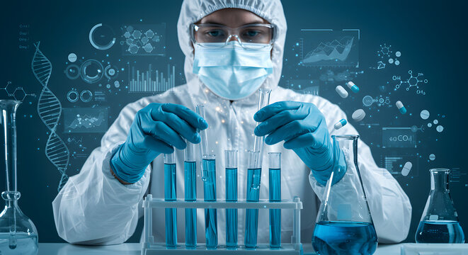 Scientist in Protective Gear Examining Blue Liquid in Test Tubes with Futuristic Data Visualizations in Dark Blue Background - Powered by Adobe