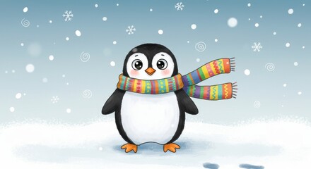 Cute Penguin in Winter Wonderland - Adorable cartoon penguin, colorful scarf, snowy scene, winter joy, holiday spirit