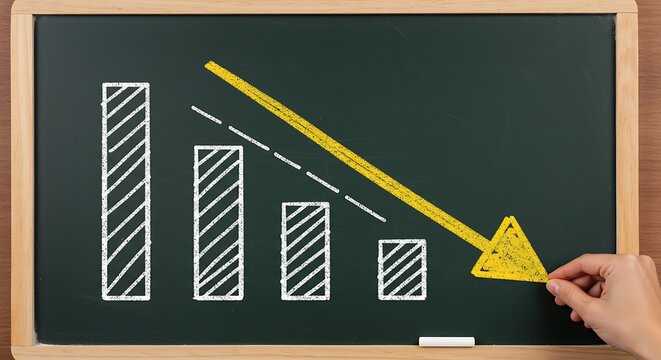 arrow down with graph on chalk board meaning growth decrease in product suitable for background presentation