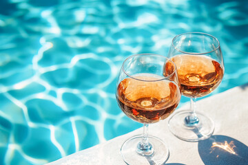 Two glasses of cognac on edge of crystal blue pool, relaxing alcoholic drink while on vacation