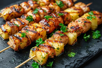 Closeup of grilled skewers with chicken or pork and pineapple served on black slate board