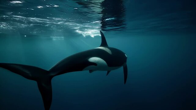 A majestic killer whale gracefully swims through the water, captured in slow motion