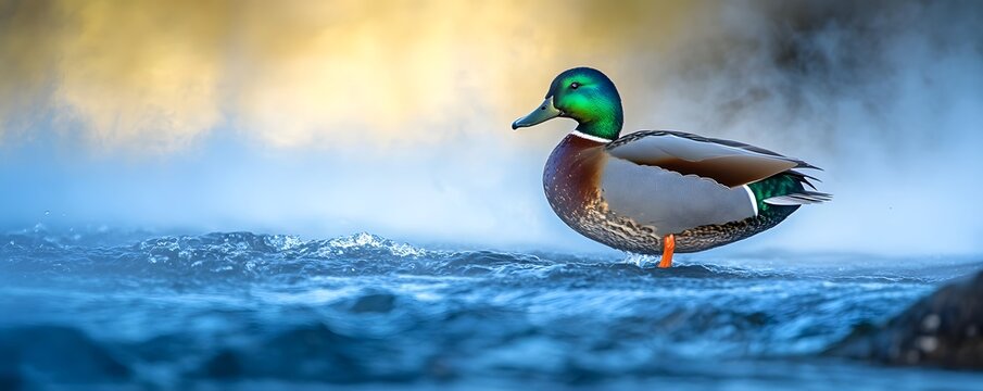 Male mallard duck standing in a misty cold flowing river