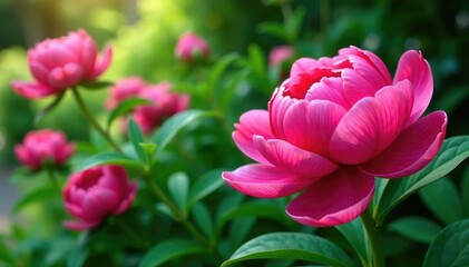 Obraz premium Bold peony blooms, lush green foliage, vibrant repeat, background, colorful