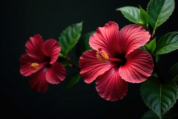 Fototapeta premium Bold hibiscus blooms, lush leaves, dark background , hibiscus flower, tropical pattern, hibiscus pattern