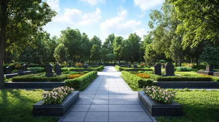 Serene Garden Path, Memorial Park, Peaceful Cemetery, Tranquil Landscape