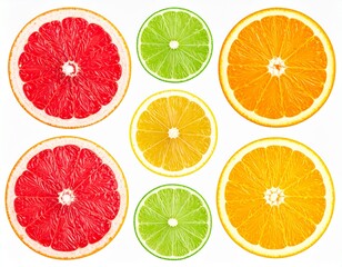 Fototapeta premium Citrus Fruit Slice – Grapefruit, Orange, Lemon, Lime Wheels – Isolated Cutouts for Drink Garnish & Design Use