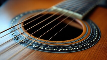 Close-Up View of Acoustic Guitar Strings and Soundhole Design