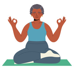 Vector illustration of a senior African-American woman practicing yoga in a seated lotus position. She is meditating with closed eyes and hands in a mudra gesture, sitting on a green mat. The