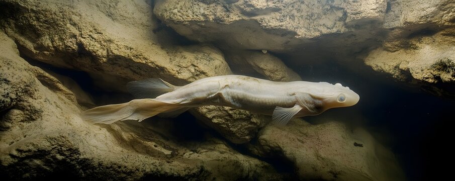An olm swims in a cave environment under water