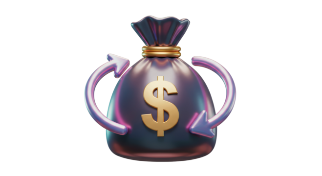 Isolated Dark Purple Money Bag with Dollar Sign and Circular Arrows