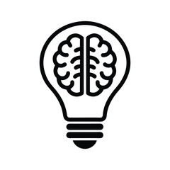 a brain inside light bulb icon in black outline vector on a white background