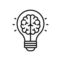 a brain inside light bulb icon in black outline vector on a white background