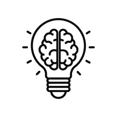 a brain inside light bulb icon in black outline vector on a white background