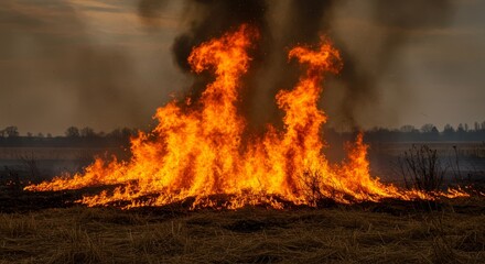 Fiery Field Inferno - A raging wildfire consumes dry grass, symbolizing destruction, nature's power, environmental damage, the cyclical nature of life and death, and the fragility of ecosystems