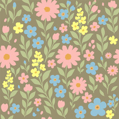 Hand drawn colorful wildflower pattern. Not AI