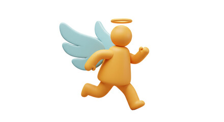 Isolated 3D Cartoon Angel Running with Wings and Halo