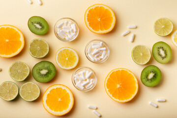 White vitamin C capsules and fruits such as kiwi, lime, lemon and orange as a natural source of vitamin C on beige background, top view. Natural vitamins and vitamin pills. Healthy lifestyle.