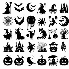 Naklejka premium Halloween Silhouette Collection: Witches, Bats, and Haunted Houses