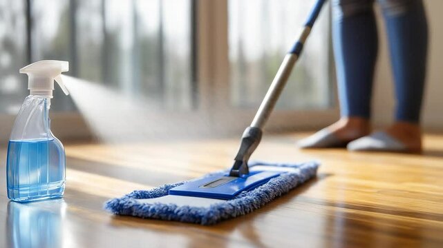 Woman cleaning hardwood floor with blue microfiber mop and sunlight
